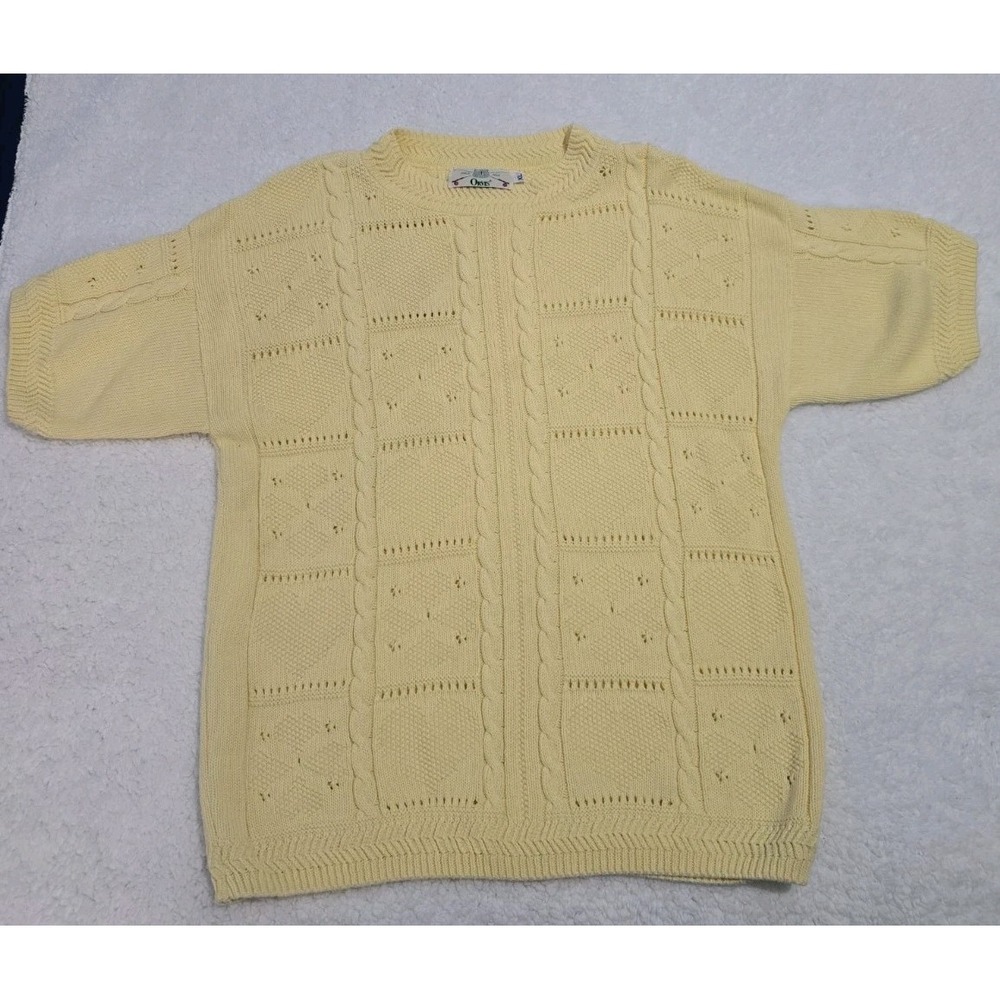 Orvis Sweater Womens Size XL Yellow Hearts Chunky Knit Fisherman Vintage USA